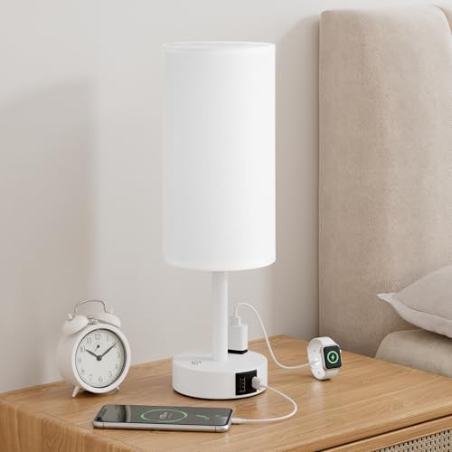 White Touch Bedside Lamp for Bedroom, Stepless Dimmable, USB A+C, AC Outlet