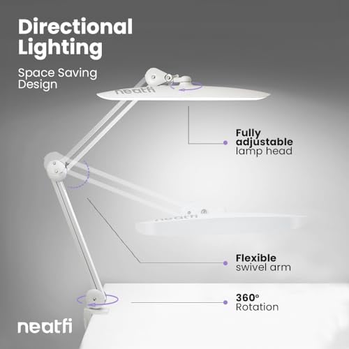 Neatfi XL 2200 Lumens 20W LED Desk Lamp with Clamp – Adjustable Color Temperature | 4-Level Dimmable Light | Home Office, Crafts & Workbench | 20-Inch Wide Head (White, CCT with Clamp)