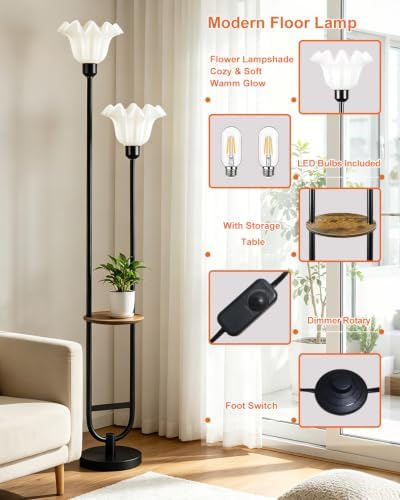2-Light Flower Floor Lamp with Side Table, Dimmable Floor Lamp with 3000K Warm White Bulbs, Modern Black Metal Tall Standing Lamp for Living Room Bedroom Sofa Corner Home Decor