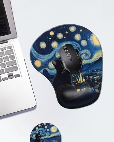 Ergonomic Mouse Pad with Wrist Rest,Comfortable Computer Gel Mouse Pad Wrist Support for Laptop,Pain Relief Mousepad with Non-Slip PU Base Starry Night Black Cat