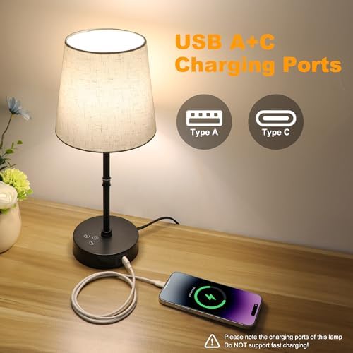 Ascher Bedside Table Lamp Set of 2, RGB Color Changing, 3 Color Temperatures, Dimmable Nightstand Lamp with USB C+A Ports, Touch Desk Lamp for Bedroom Living Room, H15.6in, Flaxen Shade