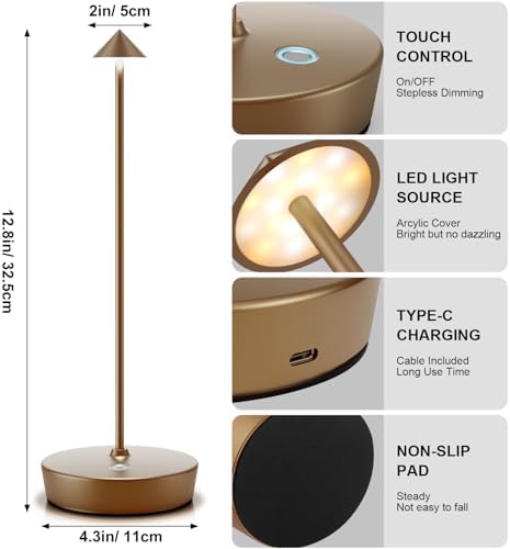 Set of 2 LED Cordless Table Lamp, Rechargeable Battery Operated Dimmable Restaurant Table Lamp, 6000mAh, Outdoor Patio Bronze