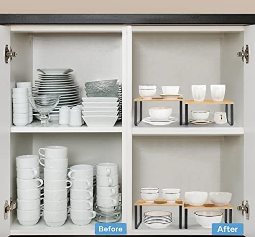 NEX Kitchen Cabinet and Counter Shelf Organizer, Stackable & Expandable, Black and Natural