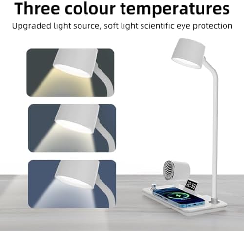 AYI Multifunctional Desk Lamp with Wireless Charger, Bluetooth Speaker, Digital Alarm Clock, Dimmable RGB LED, Brightness & Angle Adjustable for Home Office Bedroom, HYT1772 White.