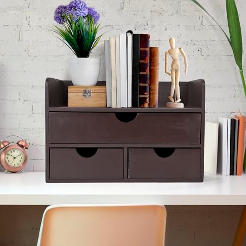 Besti Wooden Office Desk Organizer - Organizing Tool for Desktop, Cubicle, Bedroom, Kitchen - Vintage Style Organization Caddy with Top Tray Shelf & 3 Drawers - 13.6x9x7 Inches (Dark Brown)
