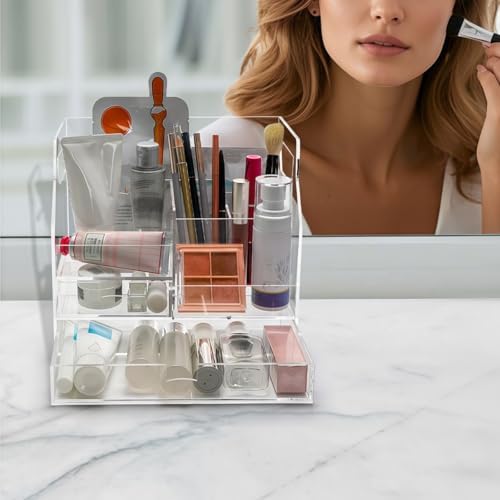 Cididu Acrylic Desk Organizer with 7 Compartments, Clear Desktop Storage with 2 Drawers for Office Supplies, Pen Holder, Stationery Caddy, Makeup Brushes, Transparent Organizer for Home School