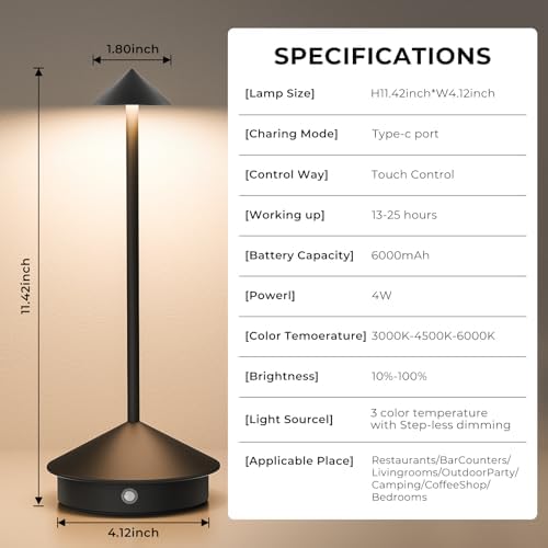 2 Pack Cordless Table Lamp, 6000mAh Rechargeable Battery Operated Desk Lamp, Portable Table Light,3 Color Stepless Dimming Up,for Restaurant, Bedroom, Patio，Outdoor Camping, Coffee Shop, Night Light