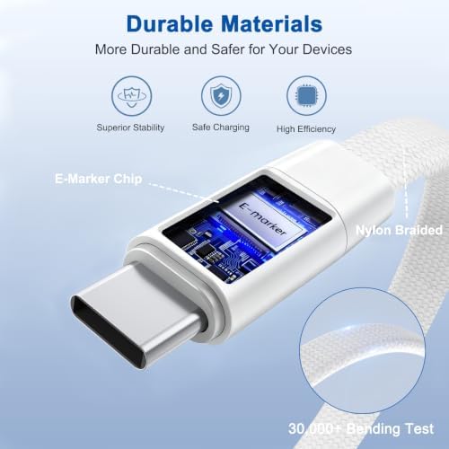 USB C to USB C Charger Cable 3Pack 5FT, 240W 2-in-1 Nylon Braided USB C Charger Cable with Built-in Phone Stand, Fast Charging Cord 90° Right Angle Compatible with iPhone iPad Samsung Galaxy, White