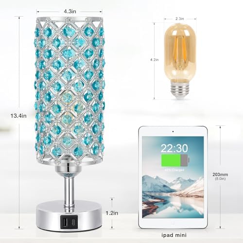 Blue Crystal Bedside Lamp, Nightstand Lamp for Bedroom (Bulb included)