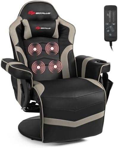 Goplus Massage Gaming Chair, Racing Style Gaming Recliner w/Adjustable Backrest and Footrest, Ergonomic High Back PU Leather Computer Office Chair Swivel Game Chair w/Cup Holder and Side Pouch