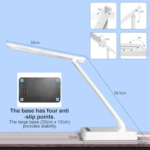 Smart Desk Lamp with 4-in-1 Charging Station (2 AC outlets, Type-C, USB-A ports), 5 color temperatures and 5 brightness levels, adjustable gooseneck arm, eye-friendly lighting for desks, bedrooms