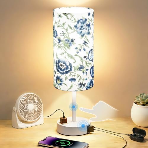Table Lamp, Dimmable Touch, AC Outlet, USB A+C (Printed&White)