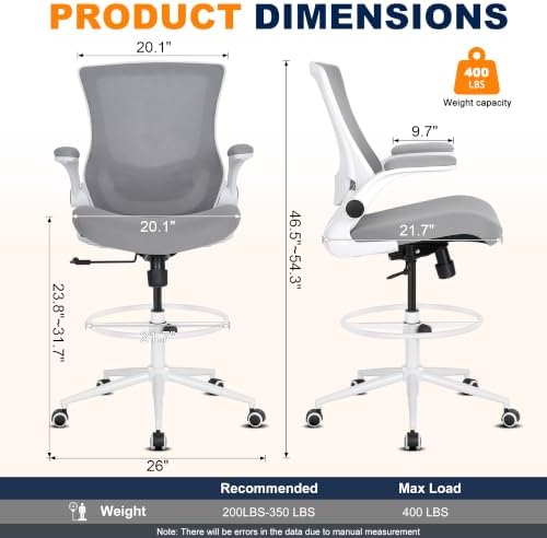 Misolant Drafting Chair for Standing Desk, Tall Office Chair with Adjustable Height, 120°Recline，Footrest Ring，Lumbar Support，High Office Chair for Home