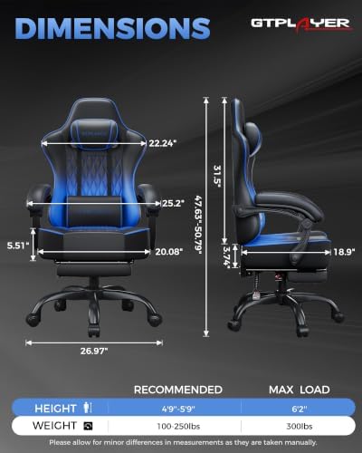 GTPLAYER Big and Tall Gaming Chair with Footrest, Ergonomic Office Desk Chair with 4.4in Thick Cushion and Wide Wingless Seat, Comfortable Leather Computer Chair, Predator Series, Blue Gradient