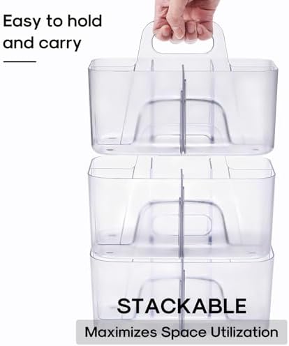 Multiuse Caddy Organizer with Handle, Portable Plastic Tote Bin - Art Craft, Stationary Pen Marker Crayons, Makeup Hair Supplies Storage - Bathroom, Classroom, Dorm, Office, Desk Holder -Frosted Clear