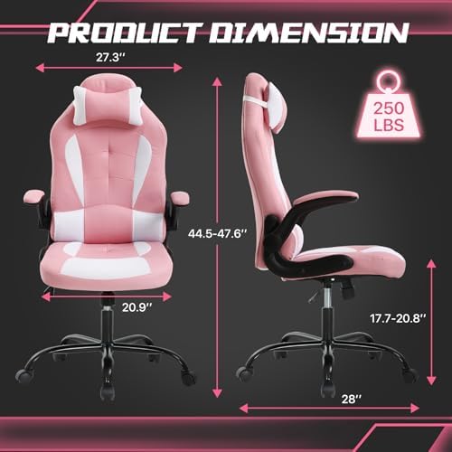Pink Gaming Chair for Girls & Adults - Ergonomic High Back Office Desk Chair with Adjustable Lumbar Support, Flip-Up Arms & Headrest - PU Leather Swivel Computer Task Chair for Kids & Teens