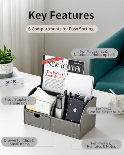 VLANDO PU Leather Desk Drawer Organizer with 6 Compartments