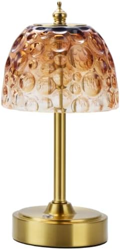 Mini Rechargeable Cordless Touch Table Lamp, Battery Powered, Amber Bubble Glass Shade, 2600mAh, 3 Color Temperatures, Stepless Dimming, for Bedside Dresser Bookshelf