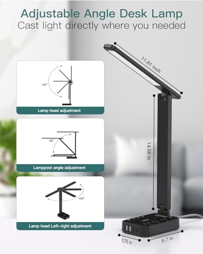 Addtam LED Desk Lamp, Power Strip with 3 Outlets 4 USB Charging Ports(2 USBC), 4 Modes 5 Level Brightness Touch Lamp, Small Desk Lamp for Home Office College Dorm Room Essentials, 10 FT