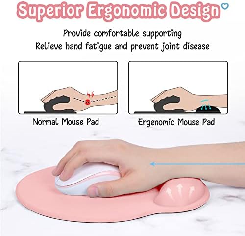 Hsurbtra Ergonomic Mouse Pad with Wrist Rest Support, Gel Mouse Pads with Non-Slip PU Base, Pain Relief Memory Foam Computer Mat, Cute Office Supplies Desk Decro Accessories, Pink