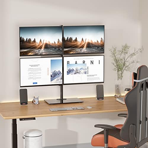 WALI Freestanding Quad Monitor Mount for 17-27 Inch Screens, Fully Adjustable 4 Monitor Stand with Swivel, Tilt, Rotation, Glass Base, Max Load 22 lbs per Arm (GMF004), Black