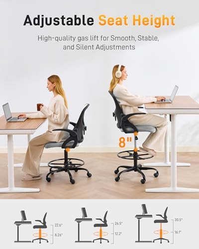 LukkDys Drafting Chair with Arms, Tall Office Chair for Standing Desks