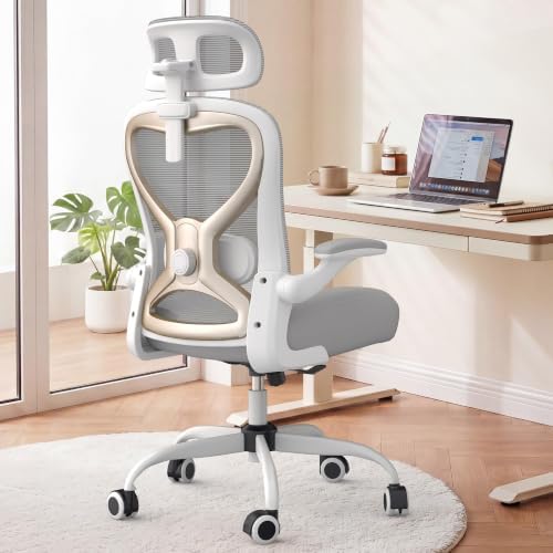 Ergonomic Office Chair for Long Hours and Back Pain Relief, Space-Saving Design with Adjustable Lumbar Support, Flip-Up Arms, 3D Headrest, Tilt & Rock, 330 LBS, Gray/Gold