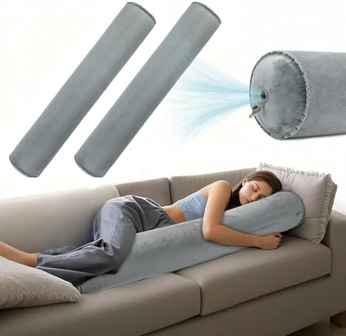 ONTYZZ Inflatable Long Body Pillow, Long Pillow for Bed, Oval Bolster Pillow for Good Sleeping and Back/Neck Support, 2pcs Grey