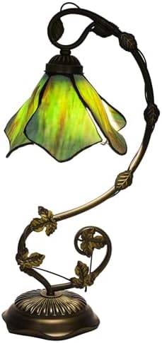 Stained Glass Table Lamp, Green Flower Style Metal Leaf Base Desk Reading Light, Adjustable 3 Color Temperature Decor for Bedroom Home Office