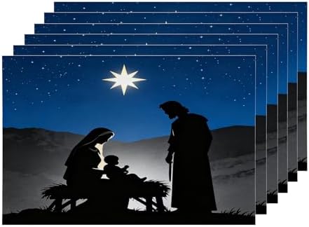 Shrahala White Christmas Christian Baby Set of 6 12 X 18 Inch Linen Placemats, Light Purple Bethlehem Star Burlap Table Mat Washable Double Layered Heat Insulation for Indoor/Outdoor