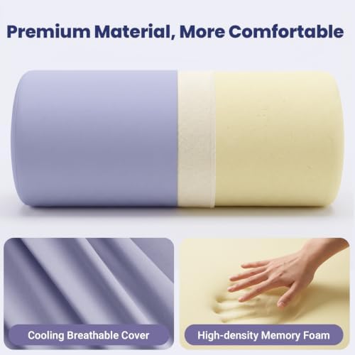 Travel Neck Roll Pillow, Memory Foam Round Pillow for Neck Support On the Go, Cylinder Bolster Pillow with Black Storage Bag, Cooling & Removable Cover, 11x4.5 Inches (Purple)