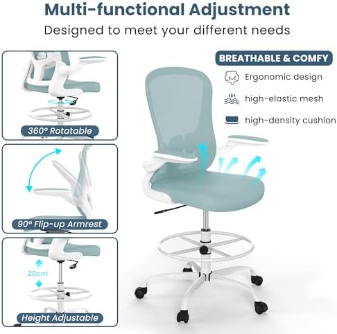 Drafting Chair, Tall Office Chair with Flip-up Armrests Executive Ergonomic Computer Standing Desk Chair, Office Drafting Chair with Lumbar Support and Adjustable Footrest Ring