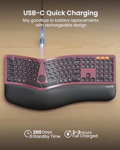 ProtoArc EK01 Plus Backlit Bluetooth Ergonomic Keyboard, Full Size, Red