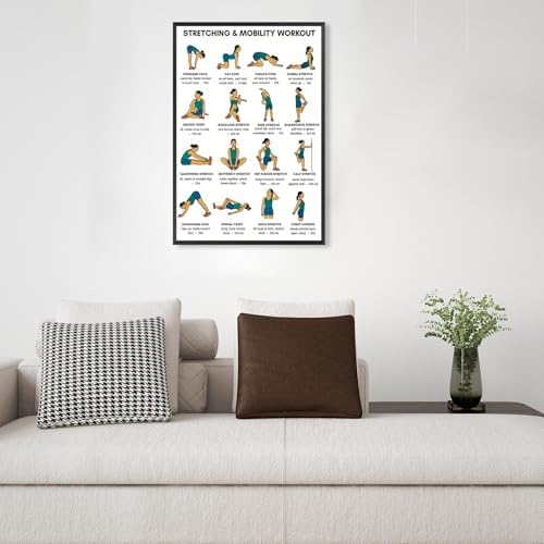 Stretching & Mobility Workout Poster, 16 Illustrated Full-Body Flexibility Chart with Hold Timing Guides, Bodyweight Daily Stretch Reference for Post-Workout Recovery & Joint Mobility Improvement(24x36inchs，Unframed)