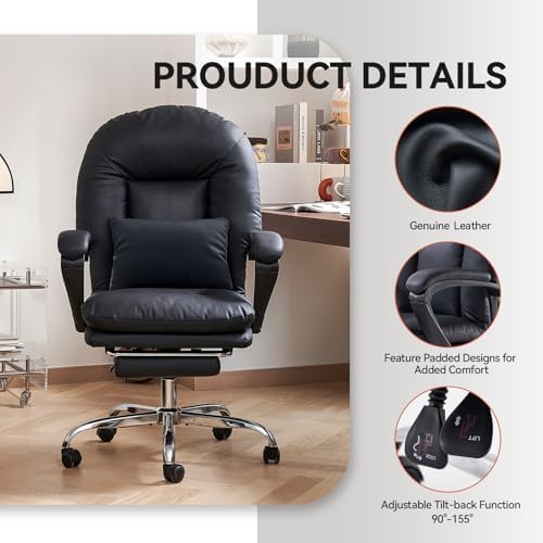 EMIAH Office Chair with Foot Rest Criss Cross Chair, Genuine Leather, Black