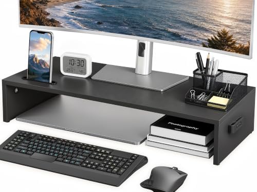 1home Ergonomic Monitor Stand Riser, 21.3 Inch Wood Desktop Stand with Cellphone Holder and Cable Management, Black