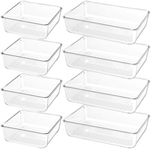 8 PCS Clear Plastic Drawer Organizer Tray, Acrylic Vanity Bathroom Drawer Organizers Trays, Desk Drawer Organizer Bins for Cosmetic, Makeup, Kitchen, Office, Junk Drawer Divider Organization