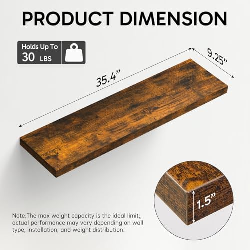 BAYKA Rustic Brown Floating Shelves 35.4in, Set of 3, Wall Mount Wood Shelf