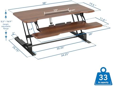 Mount-It! Electric Standing Desk Converter with 38" Tabletop, Height Adjustable Desk Riser, Motorized Desk Riser with Keyboard Tray and Device Slot, Fits Monitor & Laptop, Dark Walnut