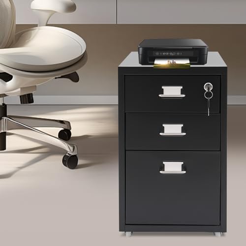 CNCEST 2-Drawer Vertical File Cabinet Metal Mobile Filing Cabinet with Lock Rolling File Drawer Cabinet Under Desk Sturdy Steel Storage Unit with Glide Drawers Lockable Wheels for Home Office (Black)