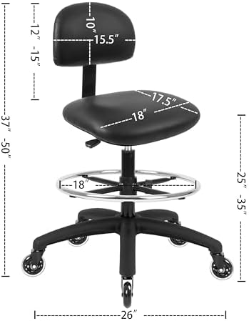 FSS Series Square seat Tall (25"-35") seat Height Chair. Vinyl-for Office, Garage, Desk, Shop, Computer, Doctor, Medical, Easy to Clean! 18" Footring (Black, Tall, Rubber Roller Casters)
