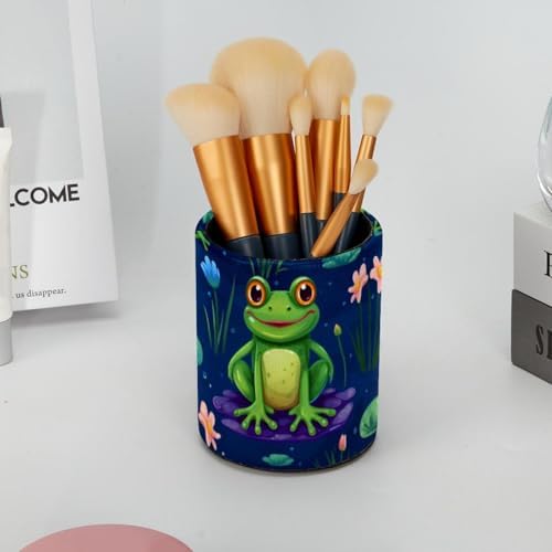 Pencil Holder for Desk, Cute Frog Pen Cup Makeup Brush Holder, Leather Desktop Organizer Storage Case Stationery for School Home Office Supplies