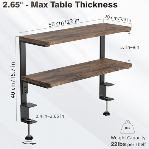 2-Tier Desk Extender, 22-inch Clamp-On Desk Shelf, Height-Adjustable Desktop Shelf Organizer for Monitors Office and Gaming Accessories, Arm Support Table Extension, Dark Brown