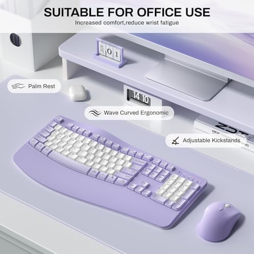 Wireless Keyboard and Mouse Combo,2.4G Ergonomic Wave Keys(Purple-B)