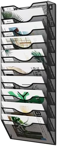 EasyPAG 10 Pocket Mesh Wall File Organizer, Hanging Paper Folder Holder with Classify Label, Vertical Wall Mount Mail Organizer for Office Home Classroom, Black