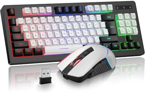 BlueFinger Wireless Gaming Keyboard and Mouse Combo, RGB Rainbow Backlit Rechargeable Battery, 87 Keys TKL Light Up Keyboard with Ergonomic Gaming Mouse for Mac Laptop Computer PC Gamer(Black & White)