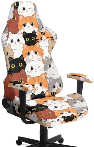 Cartoon Cats Print Gaming Chair Cover Stretchable 4 Piece Furniture Protector Non Slip Breathable Gaming Chair Slipcover with Armrest Covers