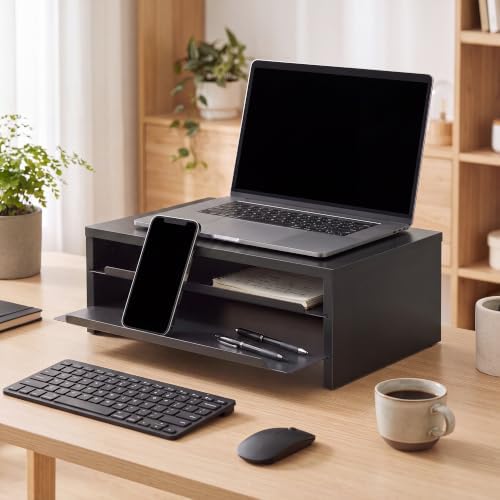 Fenge 14.3-Inch Monitor Stand with Slide-Out Trays, Wood & Metal Desk Shelf