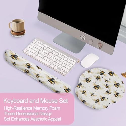 Cute Bee Mouse Pad with Wrist Rest Set, 3-in-1 Wrist Support Mousepad Set, Gaming Mat Pad with Anti-Skid Base,Ergonomic Memory Foam Mouse Pad Set for Women, Office, Typing, Gaming