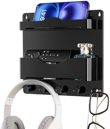 Bedside Wall Shelf with Glasses Hooks ，Adhesive Bedside Organizer Wall Mount for Dorm and Room Accessories Phone，Remote，Earphone， Kindle (Black)